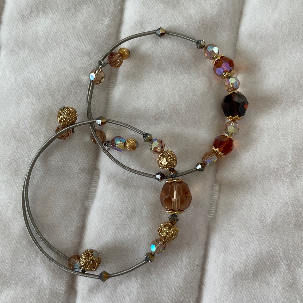 Swarovski elements beaded bracelets set of 2 adjustable aurora borealis brown